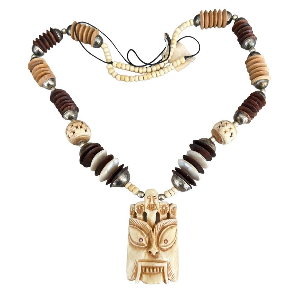Vintage Mahakala Bone carved long amulet protection necklace